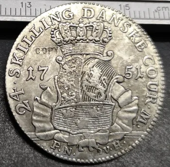 1751 Dānija 24 Prasmju Uzlabošanu, Dansk-Frederik V Sudraba Pārklājumu Kopēt Monētas