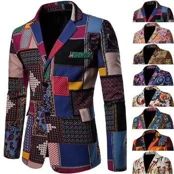 2022. Gada Rudenī Vīriešu Žakete Āfrikas Īpašības Krāsains Drukāt Turndown Apkakles Vienu Krūtīm Slim Atloks Uzvalks Jaka Streetwear