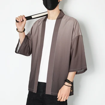 2022 Plus Lieluma Vīriešiem Kimono Japāņu Modes Vasaras Streetwear Apģērbu Vienkāršu Krāsu 3/4 Piedurknēm Jaka Kreklu, lai Cilvēks, M-5XL