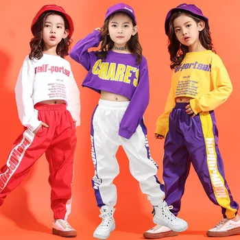 Bērni Skatuves Kostīmu Balles Deju Apģērba Hip Hop Apģērbs Bērniem, Meiteņu Džeza Ielas Jāvalkā Balta, Purpura, Dzeltens Krekls Bikses