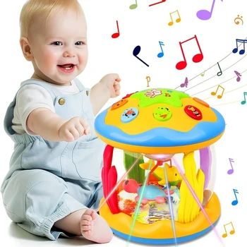 Bērnu Mūzikas Mācību Zīdaiņu Rotaļlietas, 360 Grādu Rotācijas Mūzikas vieglu Roku Bungas Okeāna Rotējošo iedegties Projektoru Rotaļlietas Mazuļiem