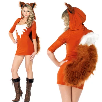 Gudrs Oranža Aste Fox Halovīni Dzīvnieku Sieviešu Kostīmi Slim Bodycon Kleitas Karnevāla Puse Mākslīgās Kažokādas Kostīms