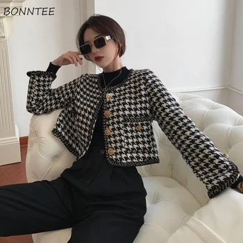 Jakas Sieviešu Pavasara korejiešu Style Long Sleeve Houndstooth Elegants Sieviešu Īsās Pogas Vintage Pamata O-veida kakla Biroja Streetwear