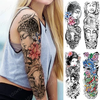 Lielu Roku Piedurknēm Dragon Tattoo Budas Ūdensnecaurlaidīgus Pagaidu Tatto Uzlīmes Geišas Kazas, Vidukļa, Kāju Body Art Pilna Viltus Tetovējums Sievietēm