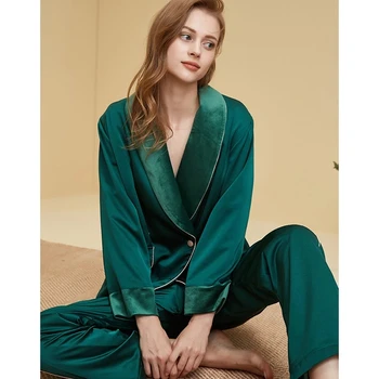 Luksusa Samta Apdari Pidžamas Komplekts Rudens Ziemas divdaļīga Sieviešu Loungewear divrindu Šalle garām Piedurknēm Sleepwear Sieviete