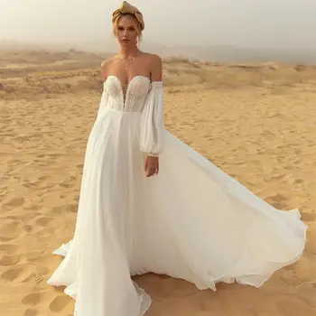Līnijas Boho Kāzu Kleitas Sievietēm 2022 Līgavas Kleitas Mežģīņu Aplikācijas Noņemams garām Piedurknēm Šifona Pludmales Tērpu de Mariage