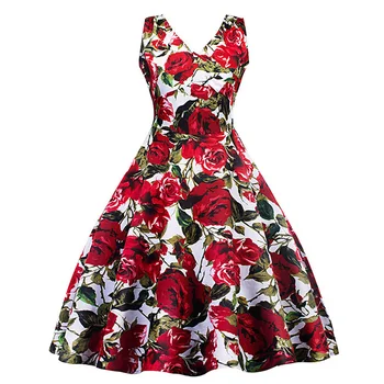 Sarkanas Rozes Ziedu Drukāt Vintage 1950 Kleitas bez Piedurknēm, Seksīgs V veida Kakla Puse, Šūpoles Kokvilnas Kleita Vasaras Gadījuma Retro Rockabilly Dress