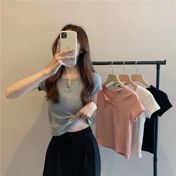 Sieviešu Apģērbu 2022 Jaunu Cieto Krāsu Īsā Versija Drēbes Sexy Slim Fit Nabas Karstā Meitene T-krekls Modes Apaļu Kakla Īsām Piedurknēm