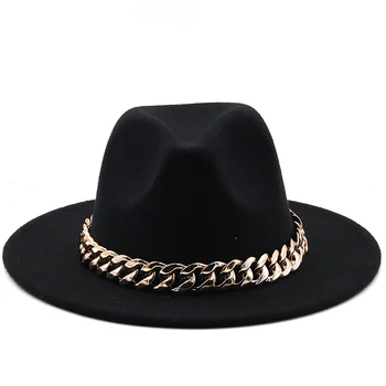 sieviešu ir cepure platām malām, Bieza zelta ķēde band klasisku melnu bēša nodilušas cepure panama kovboju džeza vīriešu cepures luksusa fedora sieviešu cepures