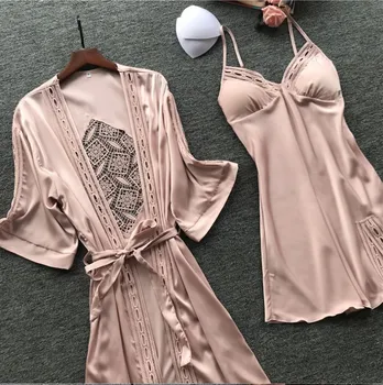 Sieviešu Satīna Mežģīnes, Rozā Intīmo Sleepwear Komplekts 2GAB Naktskrekls Sexy Lady Jaunu Tērpu Komplekts Līgavas Līgavas Kāzu Tērpu Kleita M-XL