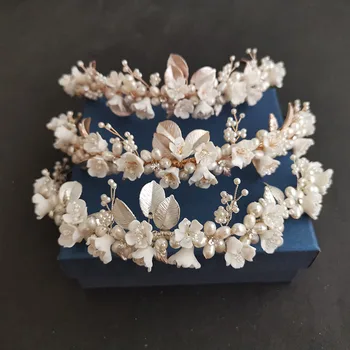 SLBRIDAL Roku darbs Luksusa Rhinestones Saldūdens Pērles piemēram, ceram Ziedu Līgavas Tiara Kāzu Bridesmaids Vainagu Sieviešu Matu Rotas