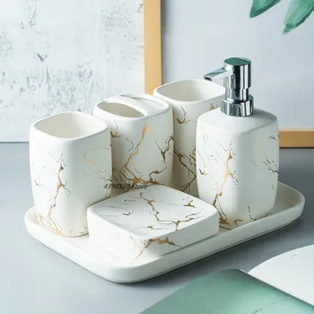Ziemeļvalstu marmora tekstūru vannas istabas piederumi keramisko vannas aksesuāru komplekts ziepju dozatoru / zobu suku turētājs / soap box / paliktnis