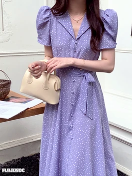 Šiks Korejas Apģērbu Dizains Vasaras Brīvdienu Sieviešu Mežģīnes-Up Eleganta Dāma, Ziedu Drukāt Violeta Retro Vintage Ilgi Dot Krekls, Kleita