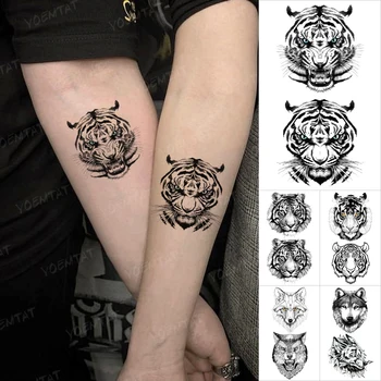 Ūdensnecaurlaidīgus Pagaidu Tetovējumu Uzlīmes, Tīģeris, Vilks, Lauva Sīva Savvaļas Dzīvnieku Flash Tatto Vīriešu, Sieviešu, Bērnu, Bērnu Rokas Body Art Viltus Tetovējums